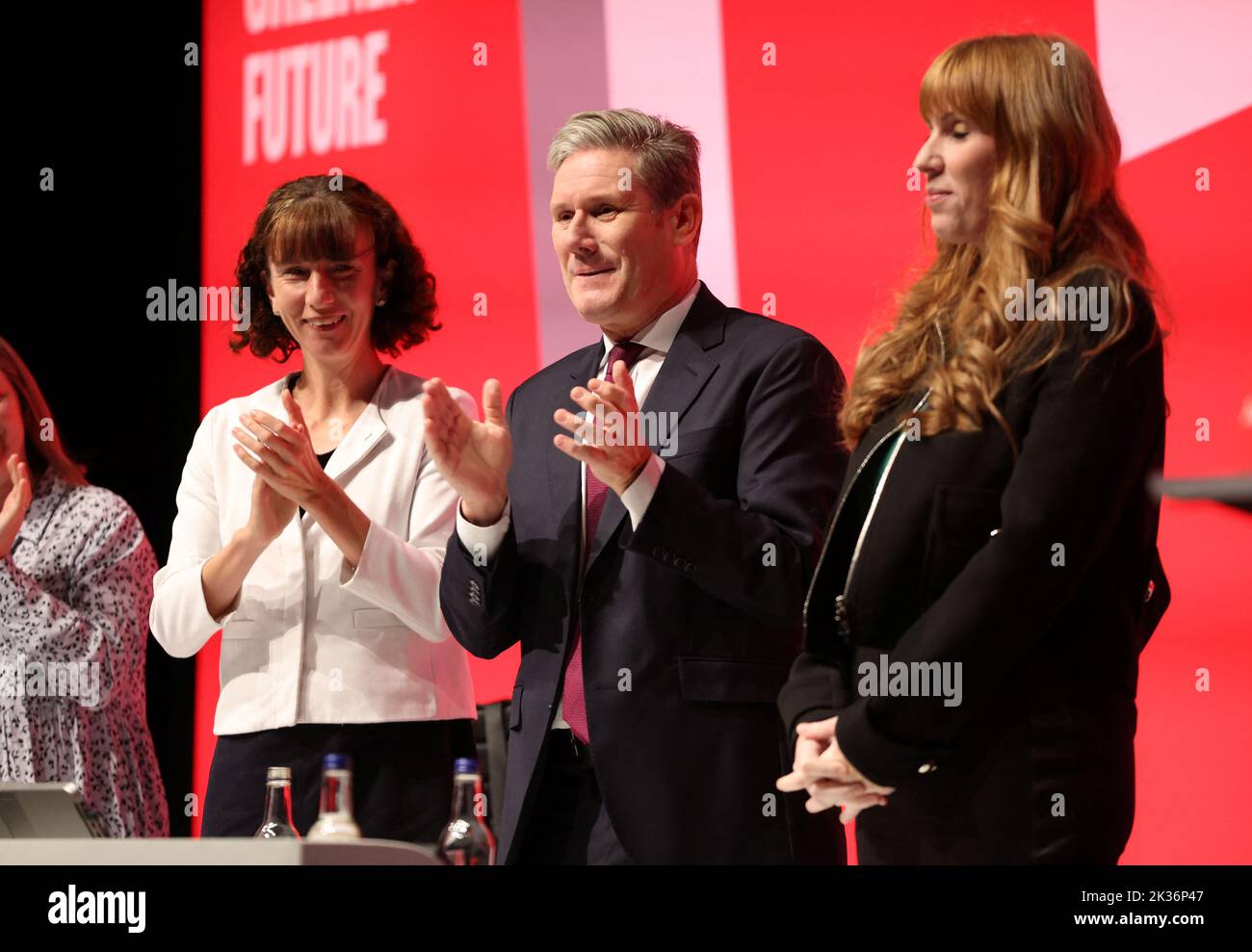 Britain's Labour Party leader Keir Starmer, Labour Party Chair Anneliese Dodds applaud after deputy leader Angela Rayner's speech at Britain's Labour Party's annual conference in Liverpool, Britain, September 25, 2022. REUTERS/Phil Noble Stock Photo