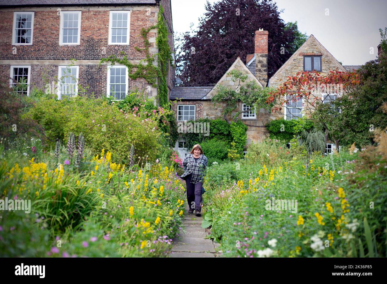 Senior Gardener Ann Tulloch strolling through Crook Hall and Gardens in County Durham.Crook Hall and Gardens closed in 2020 and the former owners appr Stock Photo