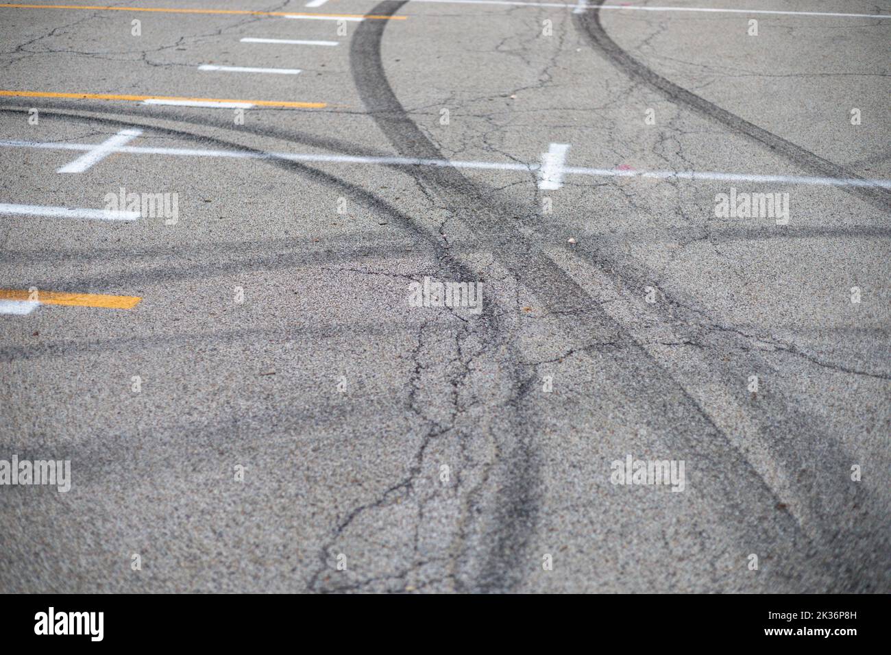 black car tracks in the middle of a parking lot Stock Photo