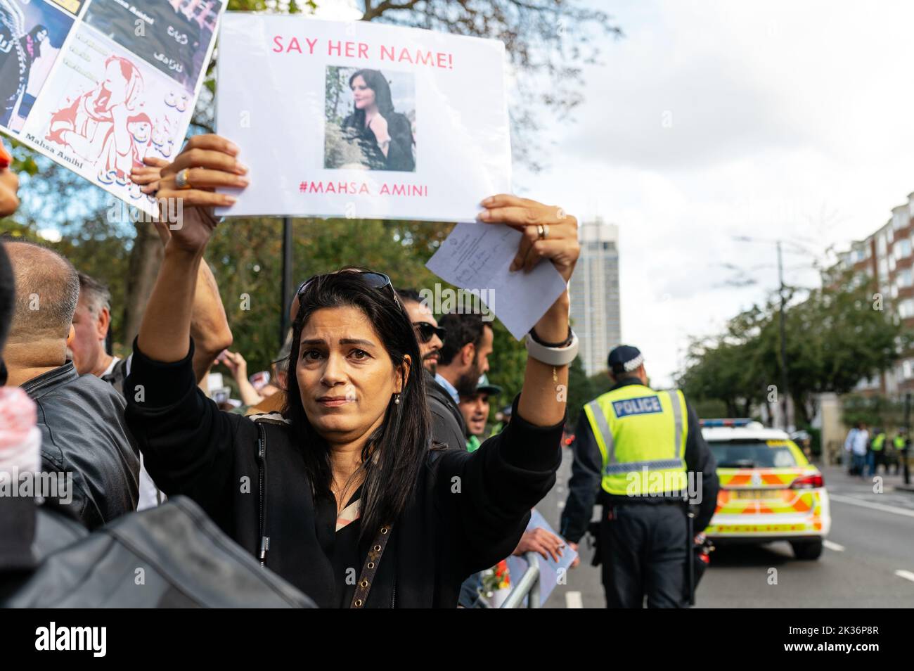 London, UK. 24 September 2022. Protest in solidarity with the Iranian people and against the unlawful death of Mahsa Amini outside the Iranian Embassy Stock Photo