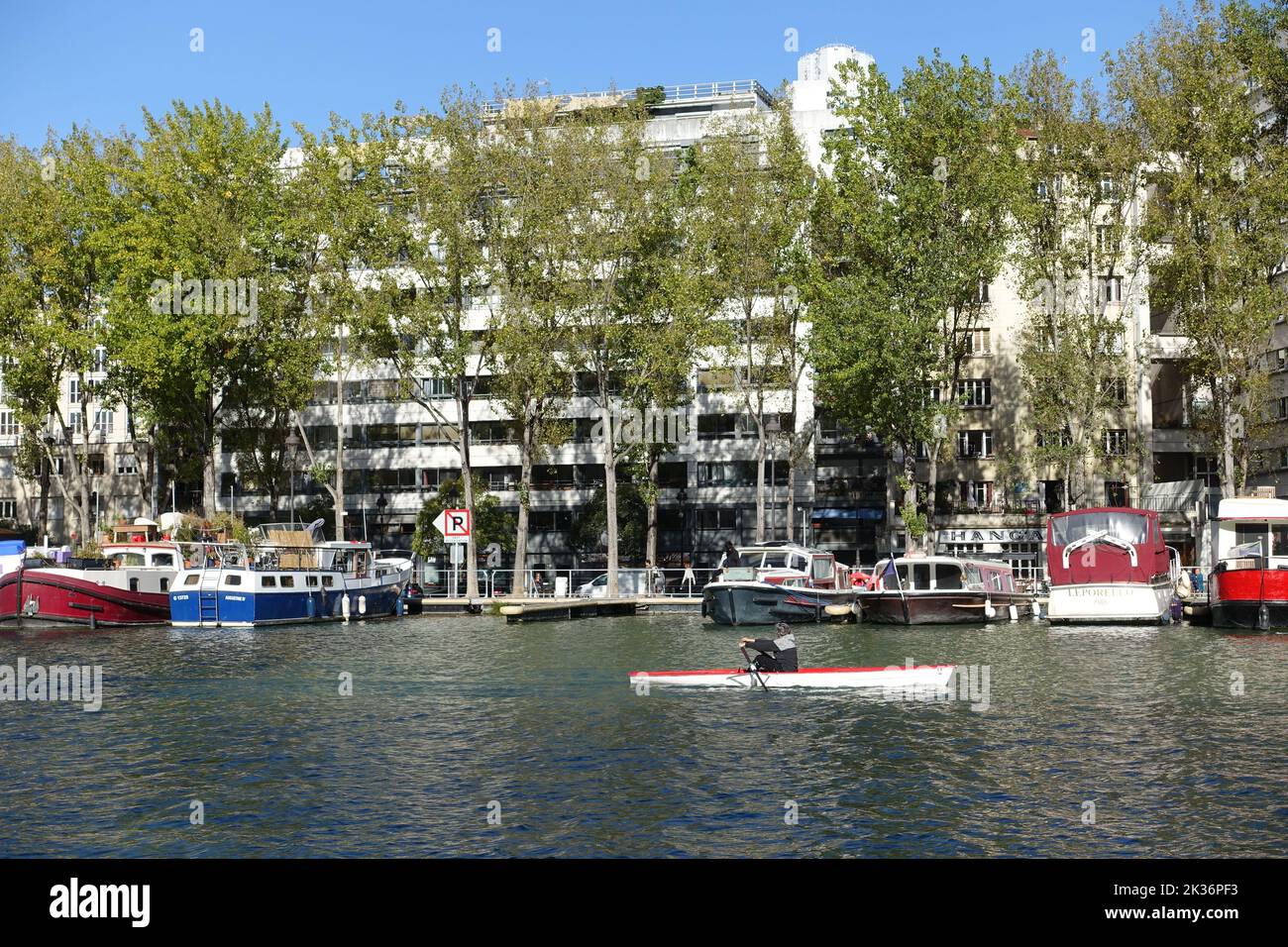 Kayaks on the Bassin de la Villette, Paris, on a Sunday Stock Photo