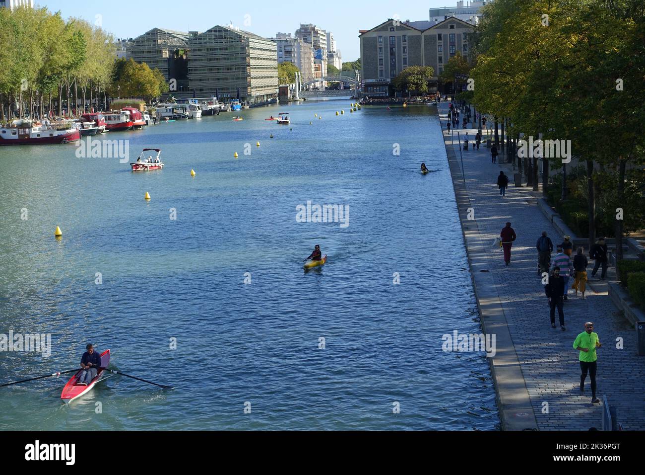 Kayaks on the Bassin de la Villette, Paris, on a Sunday Stock Photo