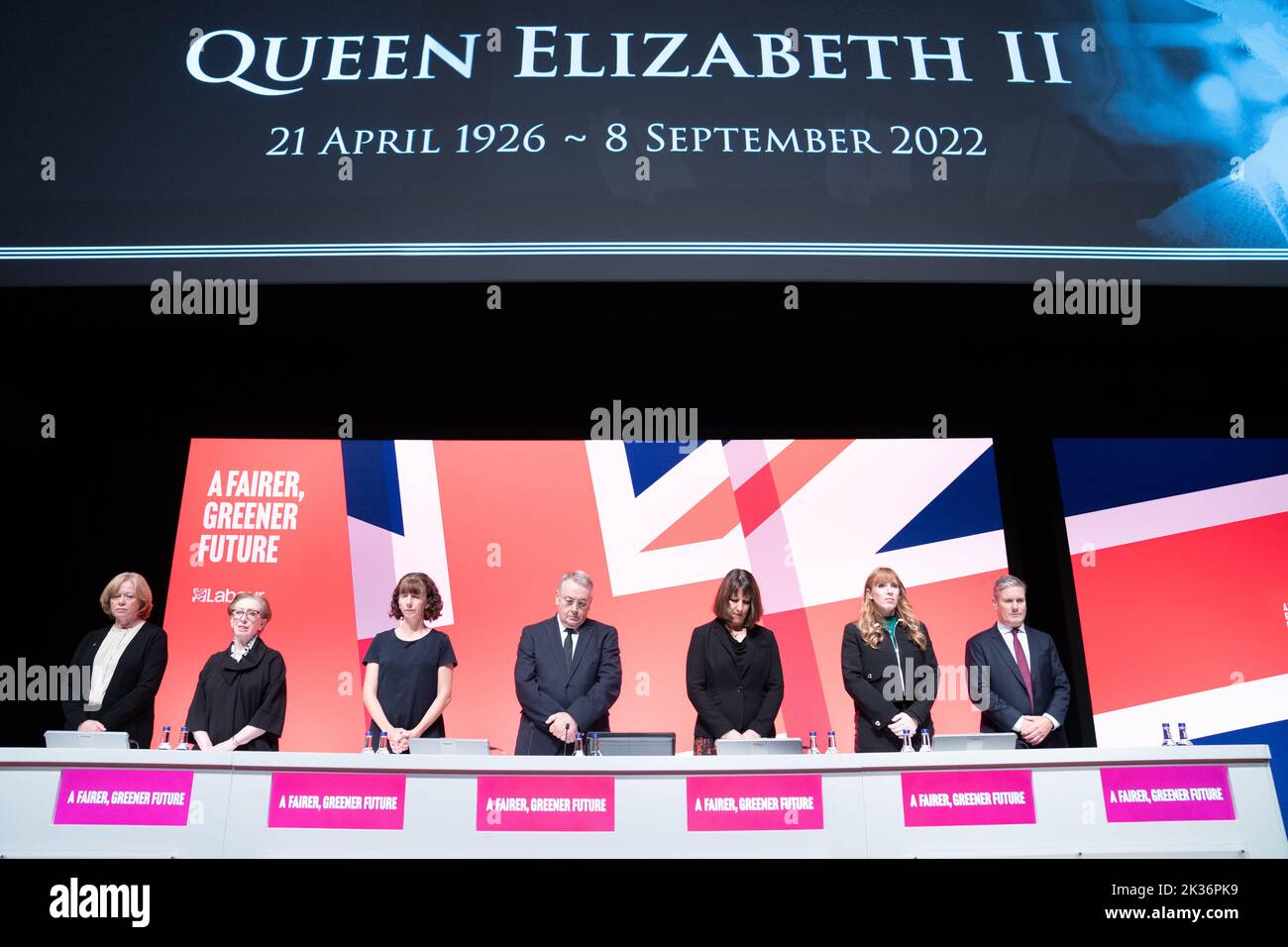 Labour party leader Sir Keir Starmer (right) leads tributes to Queen Elizabeth II as a minute's silence is observed, during the Labour Party Conference in Liverpool. Picture date: Sunday September 25, 2022. Stock Photo