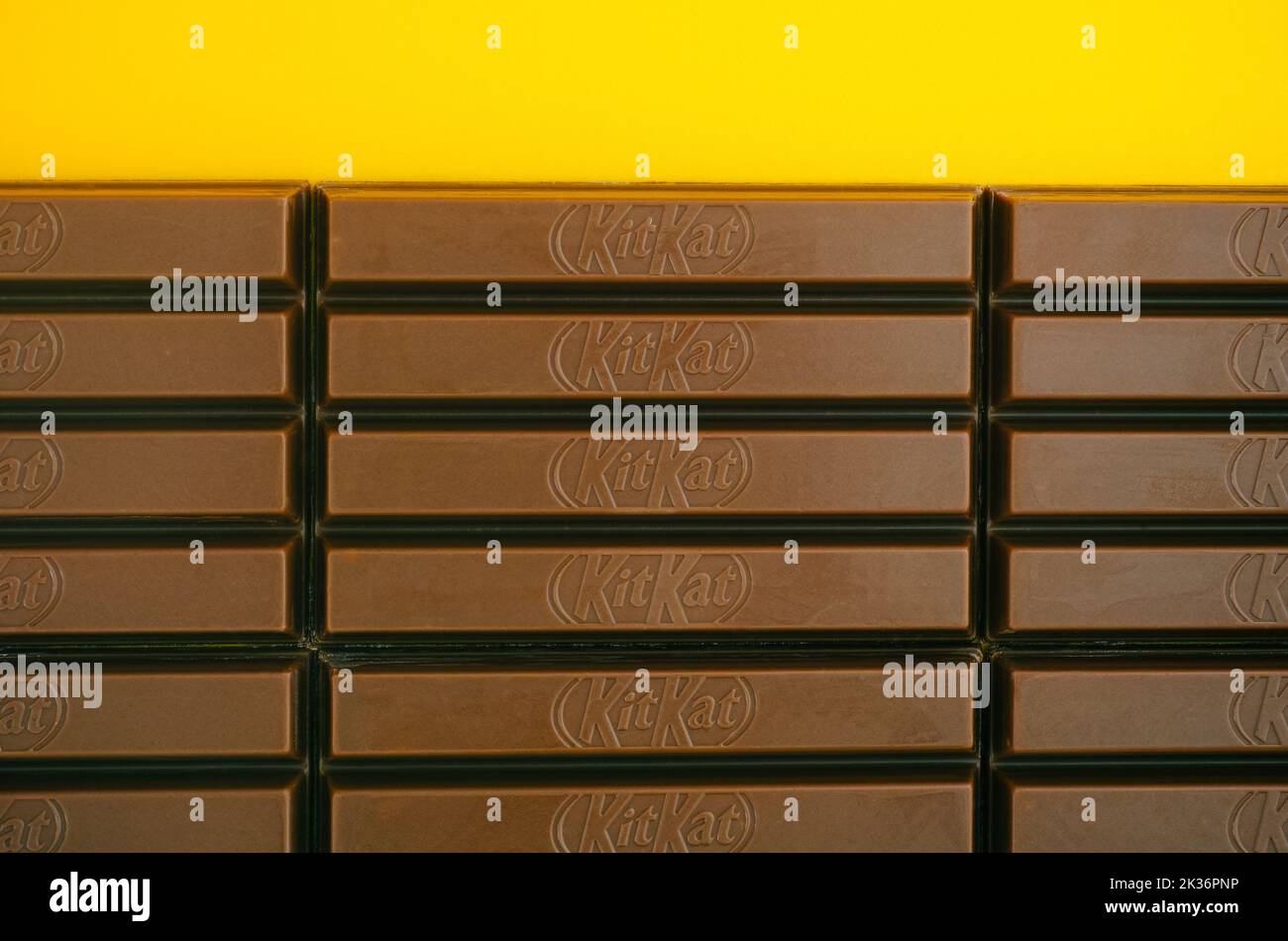 Tambov, Russian Federation - March 19, 2021 A KitKat chocolate bars on a yellow background. Stock Photo