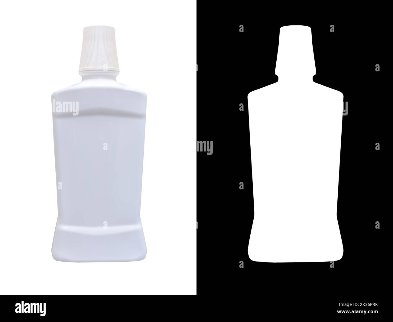 White plastic bottle for mockup, liquid container with lid on isolated white background with clipping path. Template for your design. Stock Photo