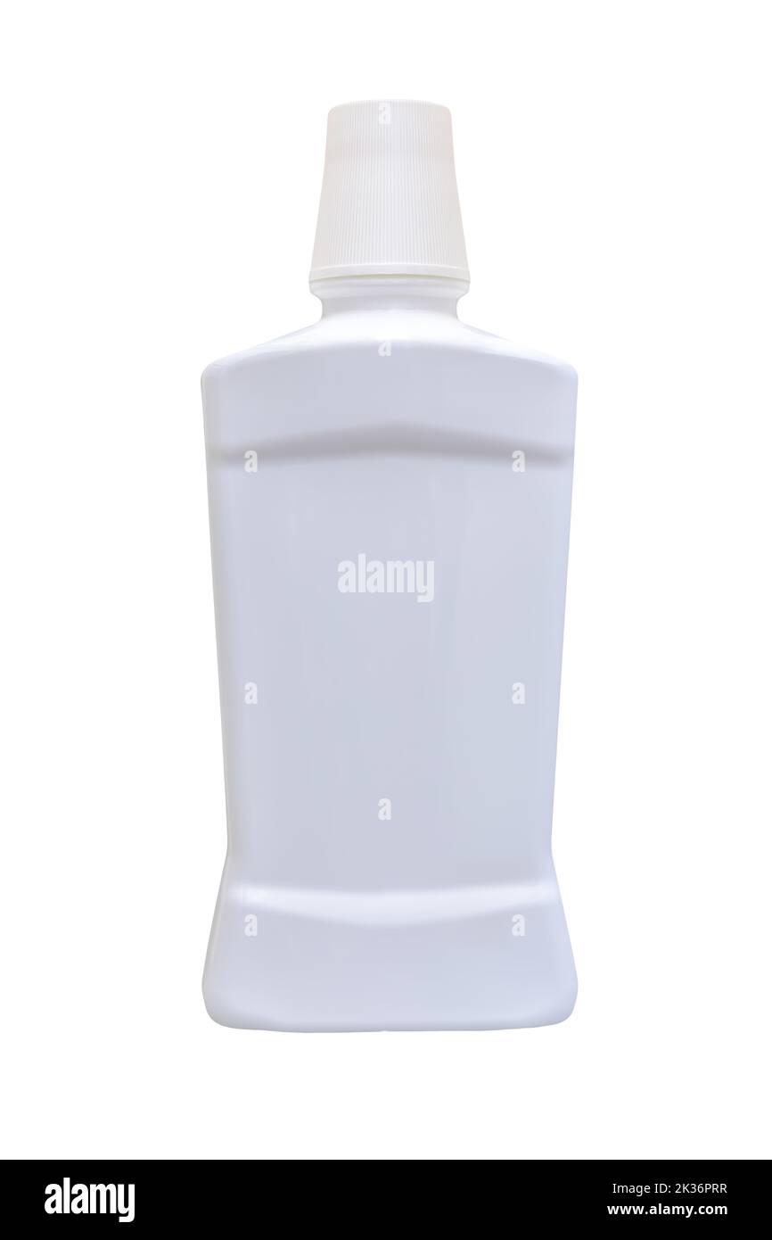 White plastic bottle for mockup, liquid container with lid on isolated white background. Template for your design. Stock Photo