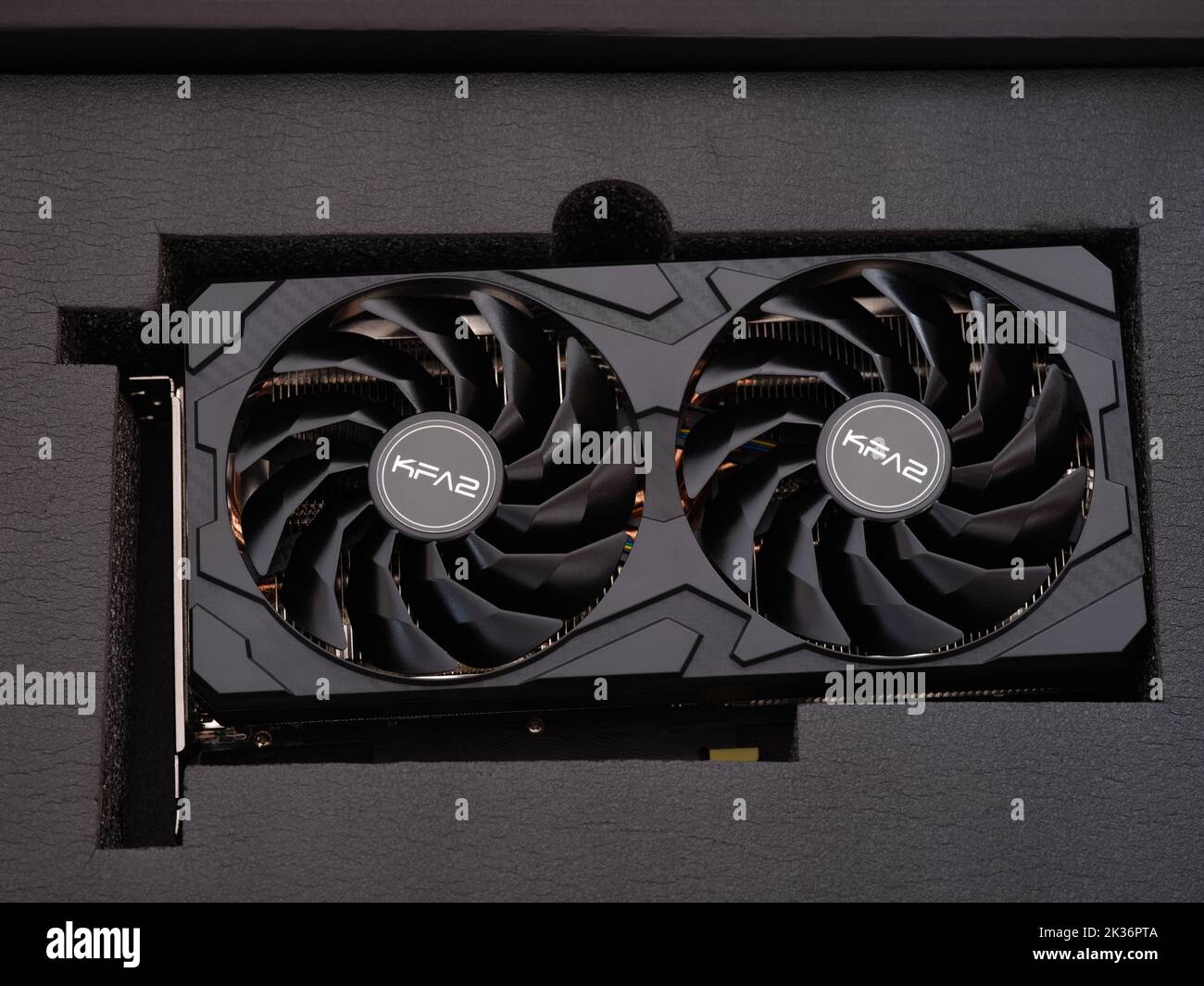 Tambov, Russian Federation - August 20, 2022 KFA2 Nvidia Geforce RTX 3070 GPU inside its box Stock Photo