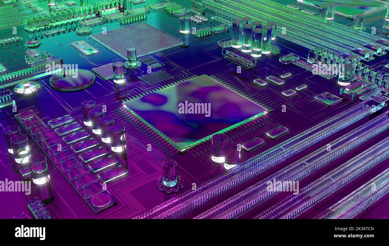 Closeup of CPU GPU processor mother board Future technology 3d render ...