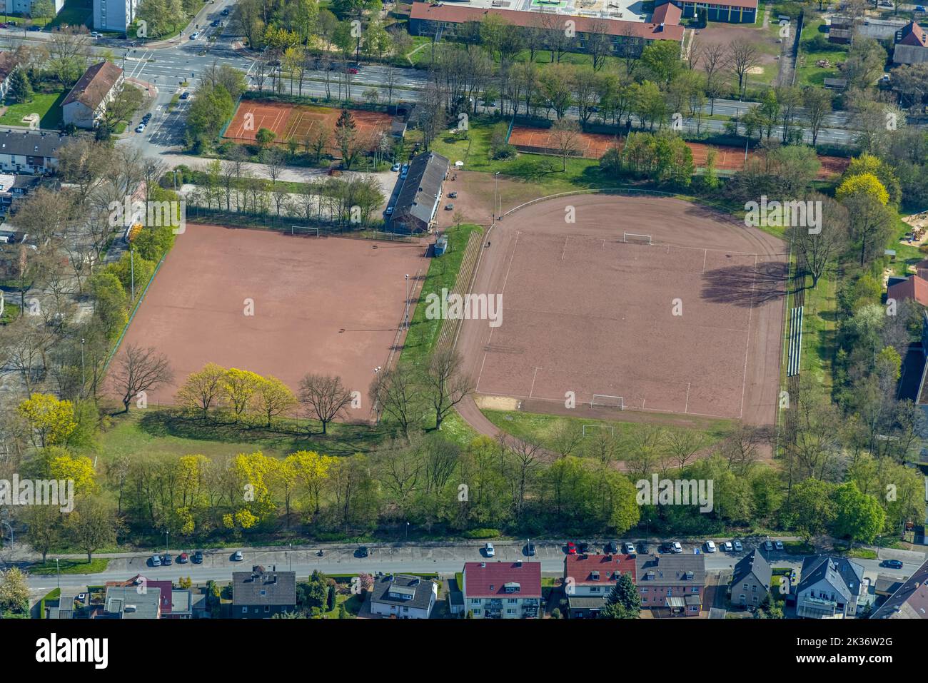 Aerial view, soccer field Plauener Straße of FC Glückauf Hüllen, Gelsenkirchen-Bulmke-Hüllen, Gelsenkirchen, Ruhr area, North Rhine-Westphalia, German Stock Photo