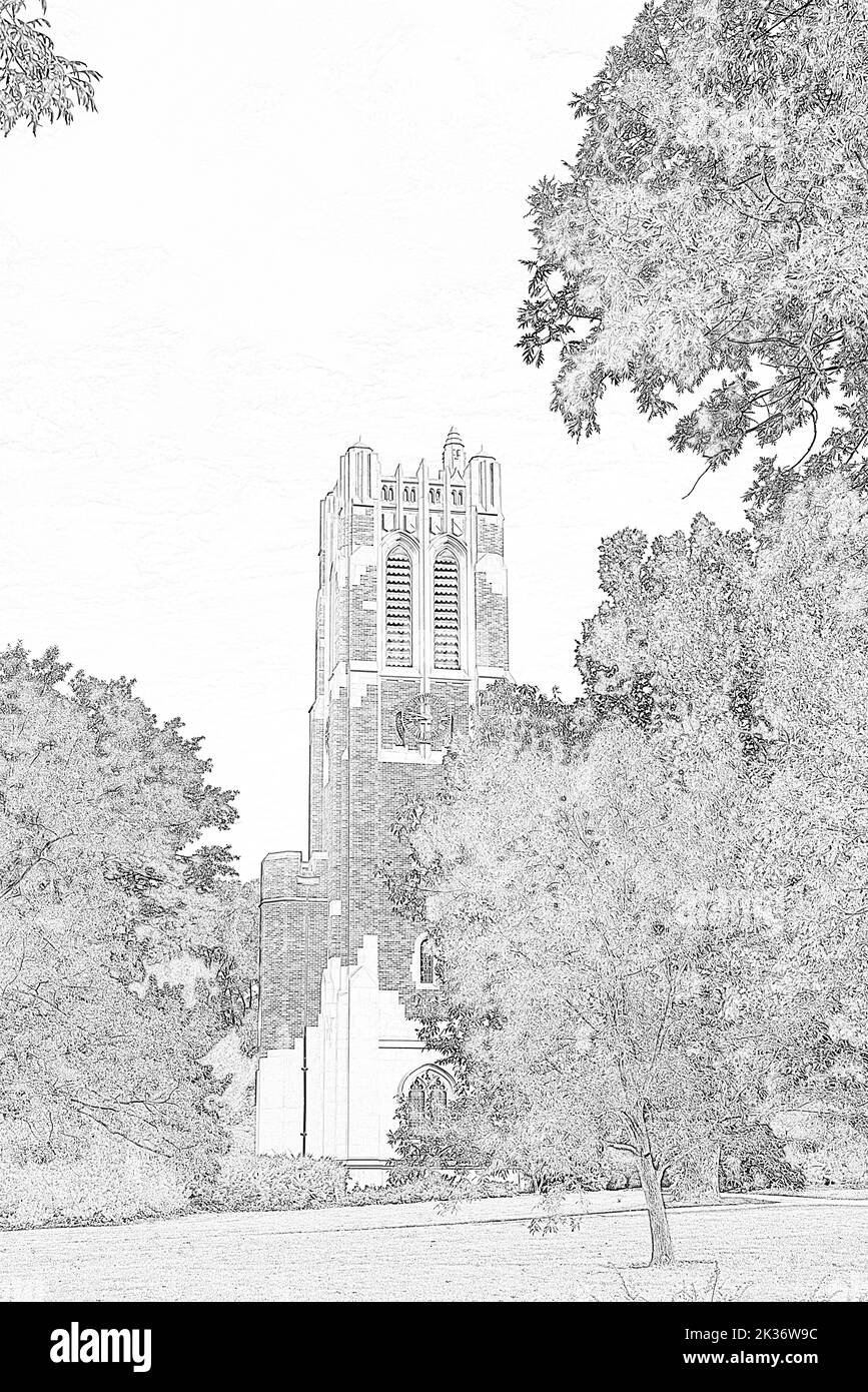 EAST LANSING, MI NOVEMBER 3 ,2021: Digitally created pencil drawing of Beaumont Tower at Michigan State University Stock Photo