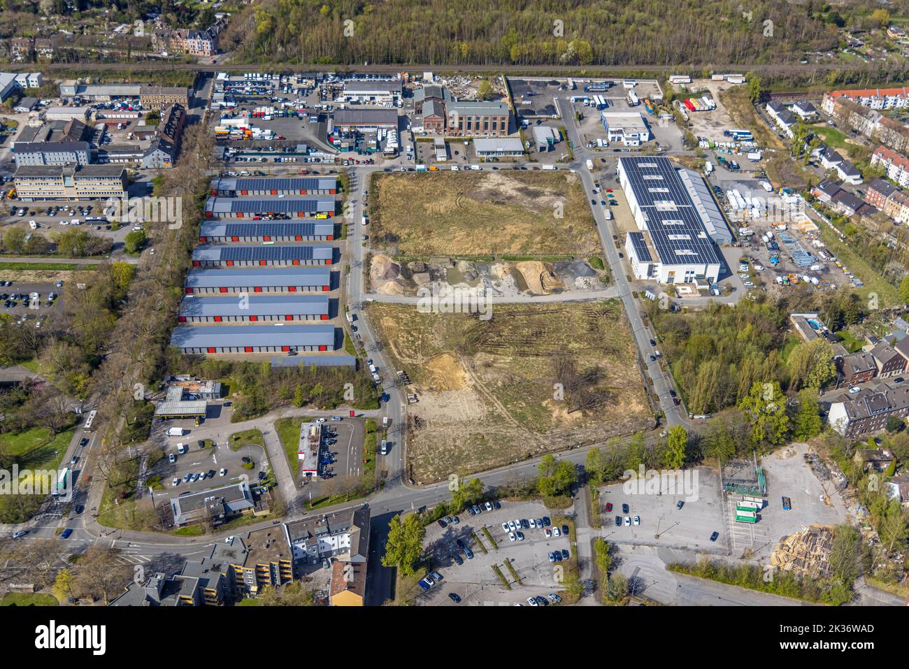 Aerial view, X-Trans GmbH Garage Park and Mezken GmbH with solar roof, Zechenstraße, Rotthausen, Gelsenkirchen, Ruhr Area, North Rhine-Westphalia, Ger Stock Photo