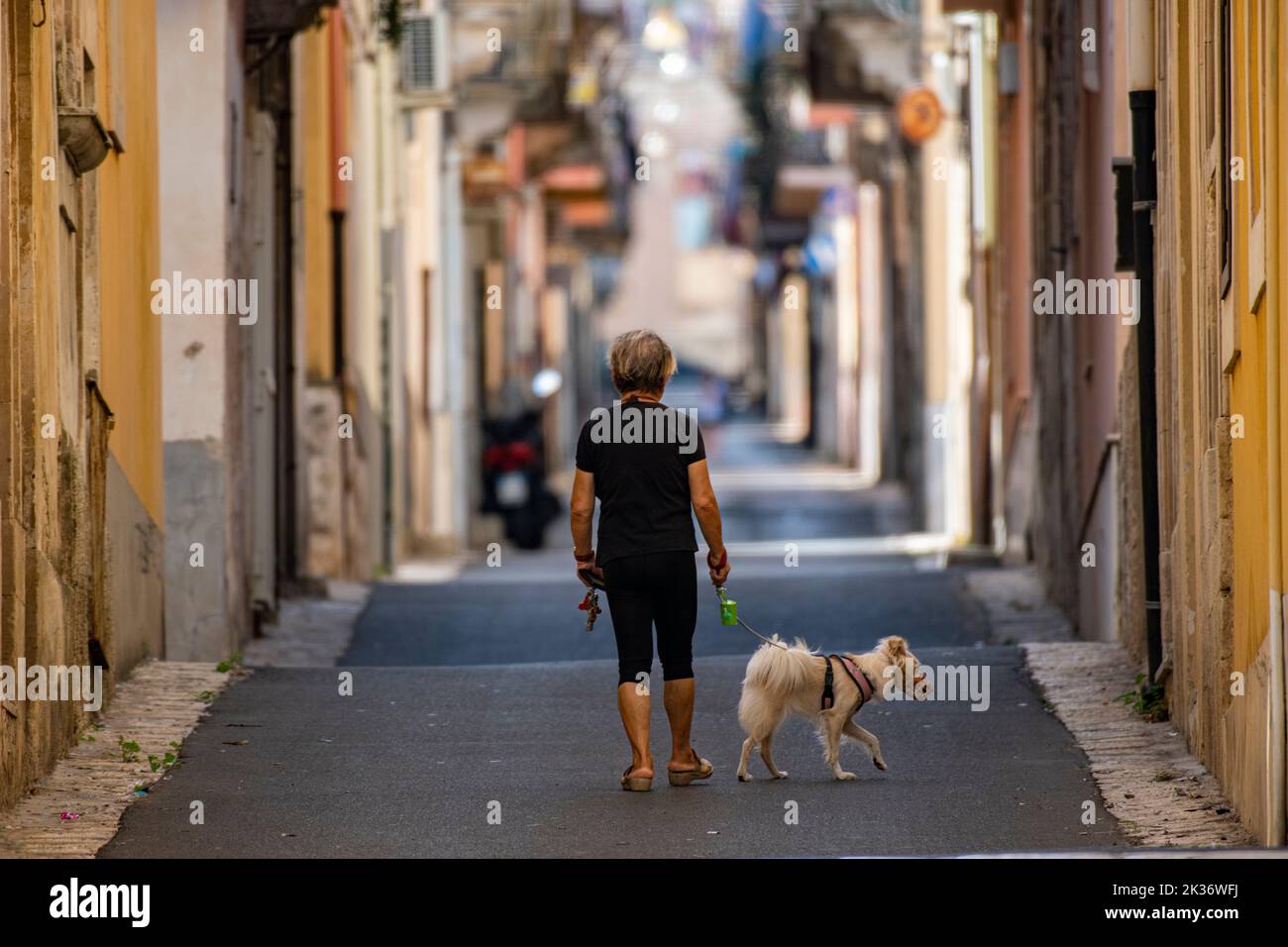A lady walks her dog in one of the steep streets Ragusa Superiore, Sicily, Italy Stock Photo