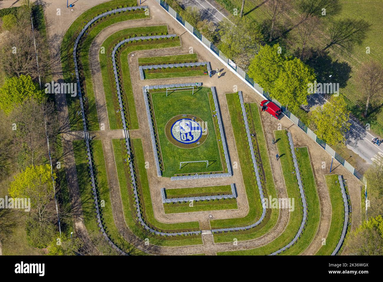 Aerial view, Schalke fan field at cemetery Gelsenkirchen Beckhausen-Sutum, Schalkefreidhof, Schalke cemetery, Beckhausen, Gelsenkirchen, Ruhr area, No Stock Photo