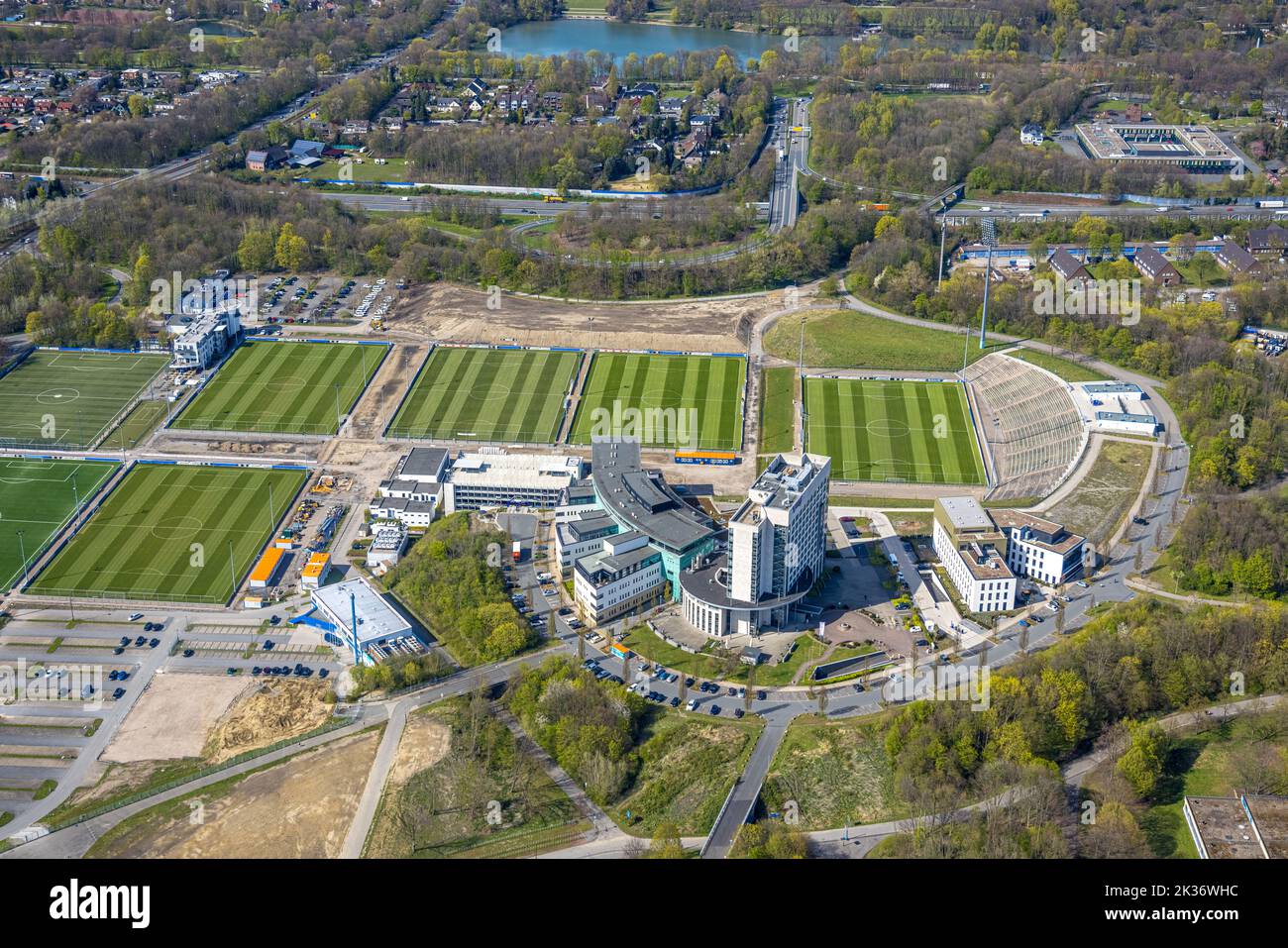 Aerial view, FC Schalke 04 training grounds Berger Feld and hotel facilities, Erle, Gelsenkirchen, Ruhr area, North Rhine-Westphalia, Germany, DE, Eur Stock Photo