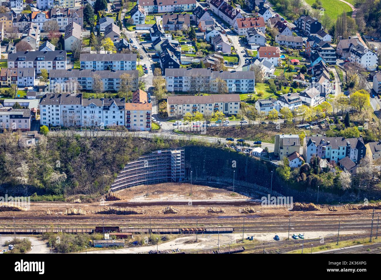 Aerial view, construction site at railroad line Freiligrathstraße