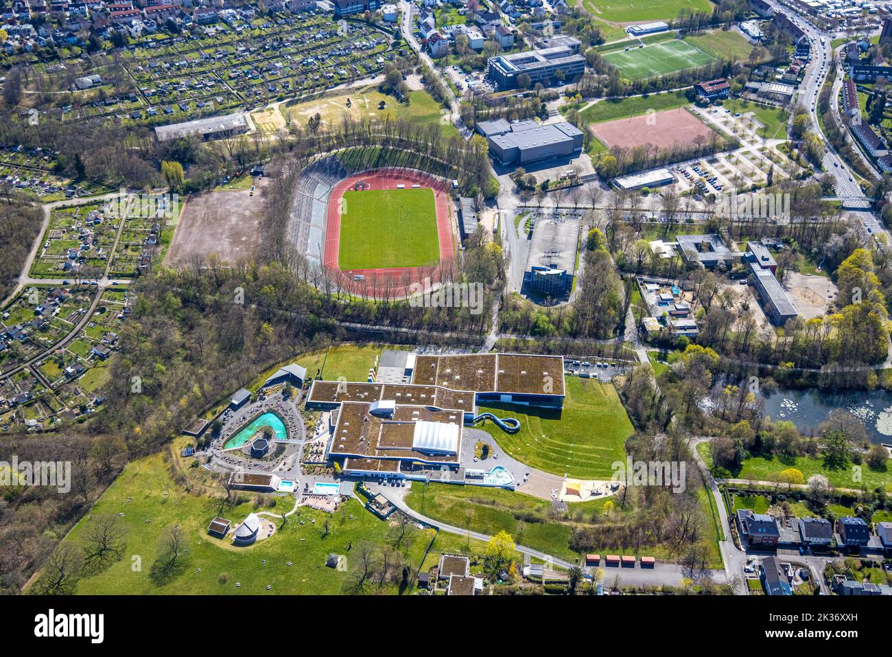 Aerial view, Sportpark Ischeland with Ischelandstadion and Westfalenbad and Ischelandhalle or Krollmann Arena, Altenhagen, Hagen, Ruhr Area, North Rhi Stock Photo