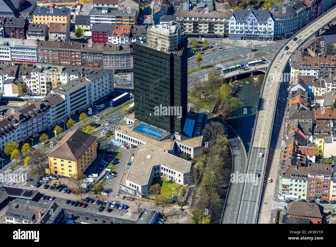 Aerial view, employment agency, roof works, middle city, Hagen, Ruhr area, North Rhine-Westphalia, Germany, Employment office, Authority, DE, Europe, Stock Photo