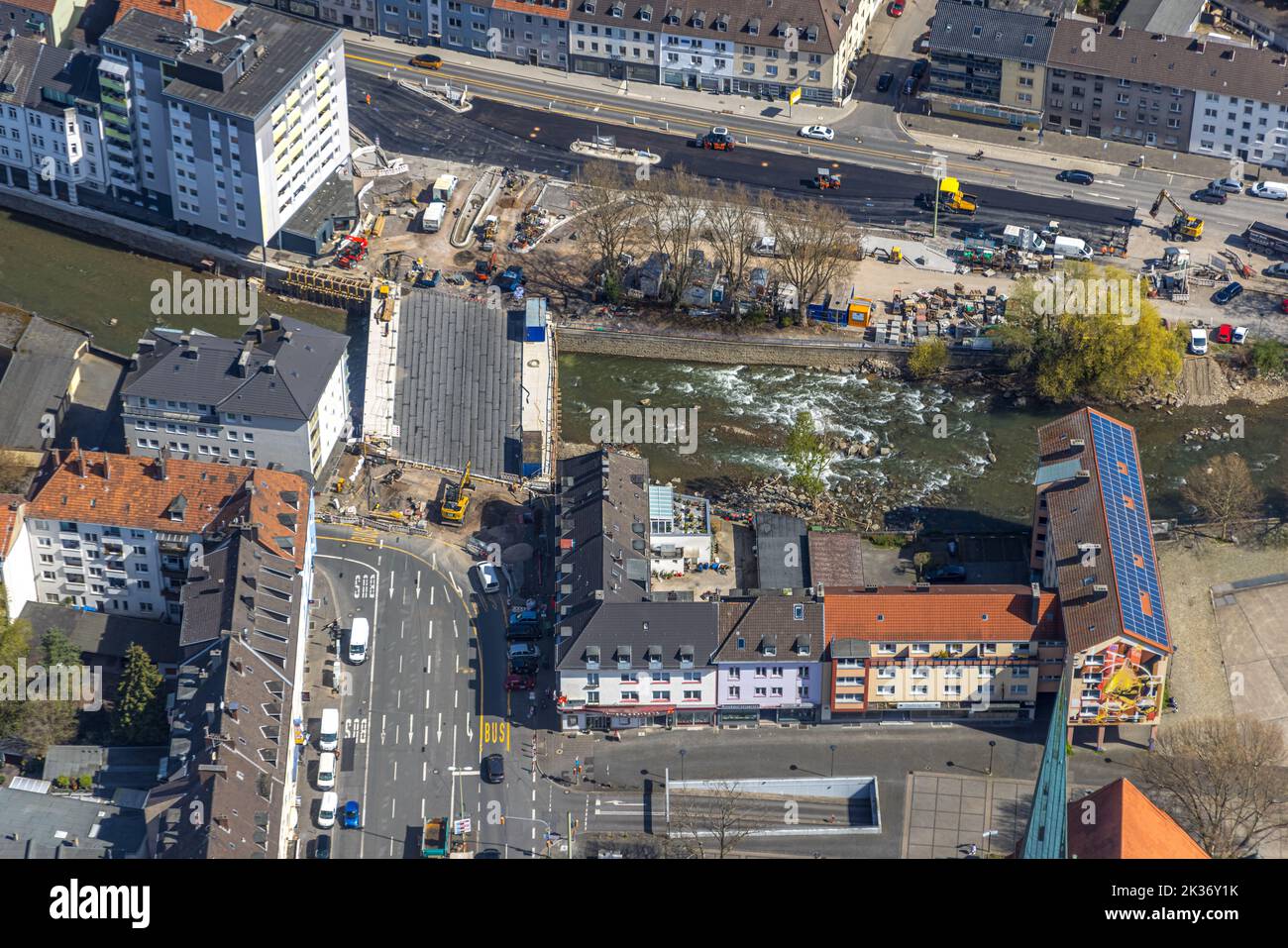 Aerial view, bridge construction market bridge, Märkischer Ring on the river Lenne, middle town, Hagen, Ruhr area, North Rhine-Westphalia, Germany, Co Stock Photo