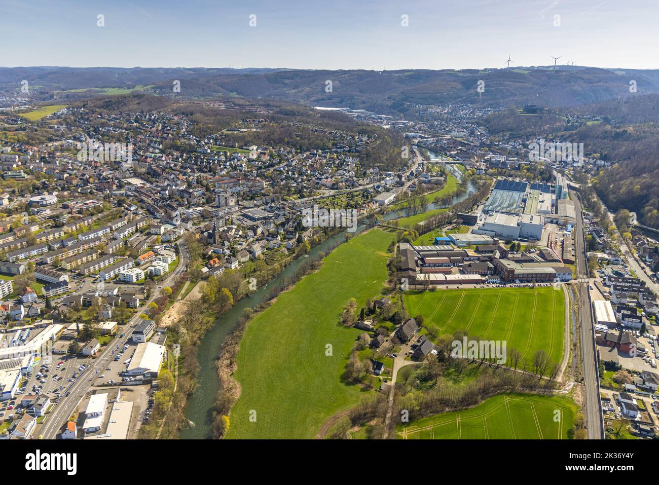 Aerial view, Hohenlimburg and river Lippe with bilstein group, Hohenlimburg, Hagen, Ruhr area, North Rhine-Westphalia, Germany, DE, Europe, Commercial Stock Photo
