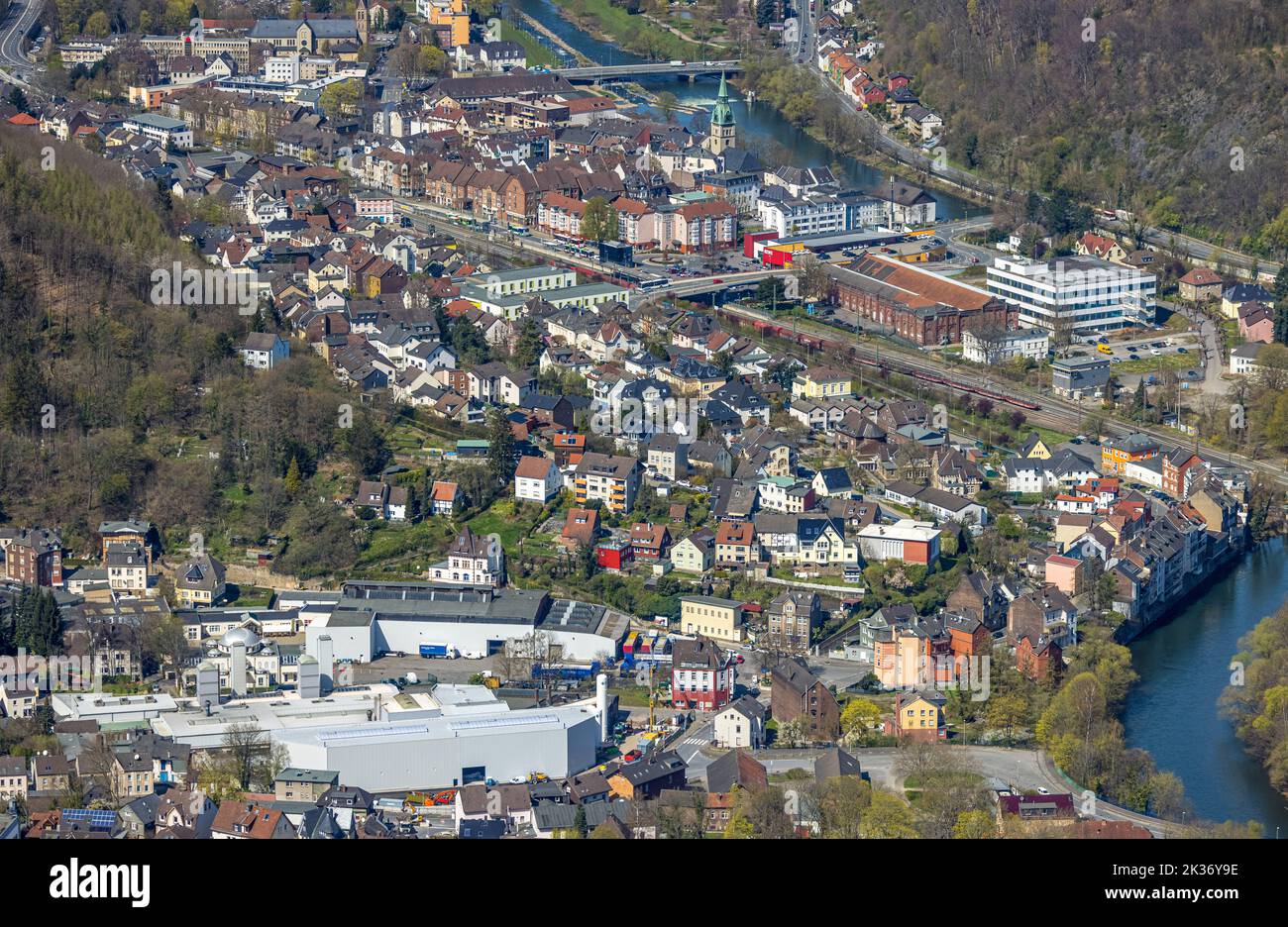 Aerial view, Protestant Reformed Church Hohenlimburg in the city center at the river Lenne, Hohenlimburg, Ruhr area, North Rhine-Westphalia, Germany, Stock Photo