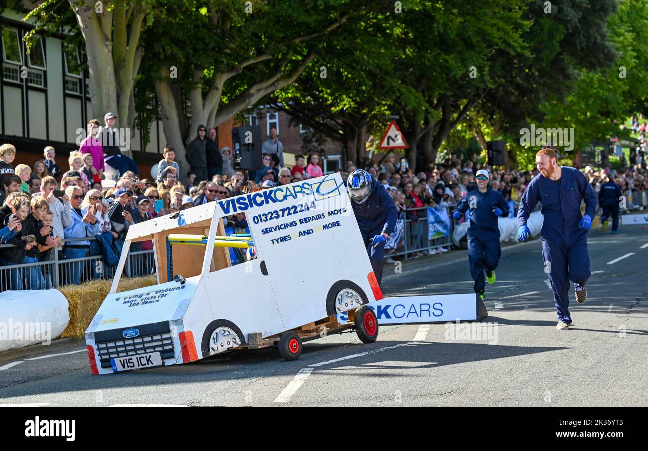Eastbourne UK 25th September 2022 - This competitor loses a wheel going over the final jump as they take in the Eastbourne Seafront Soapbox Race held on the seafront on a beautiful warm sunny day : Credit Simon Dack / Alamy Live News Stock Photo