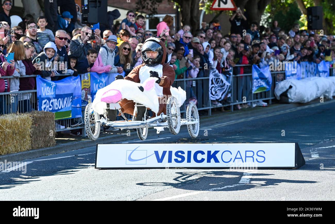 Eastbourne UK 25th September 2022 - This competitor in their vehicle known as the Albino Squirrel takes the final jump in the Eastbourne Seafront Soapbox Race held on the seafront on a beautiful warm sunny day : Credit Simon Dack / Alamy Live News Stock Photo