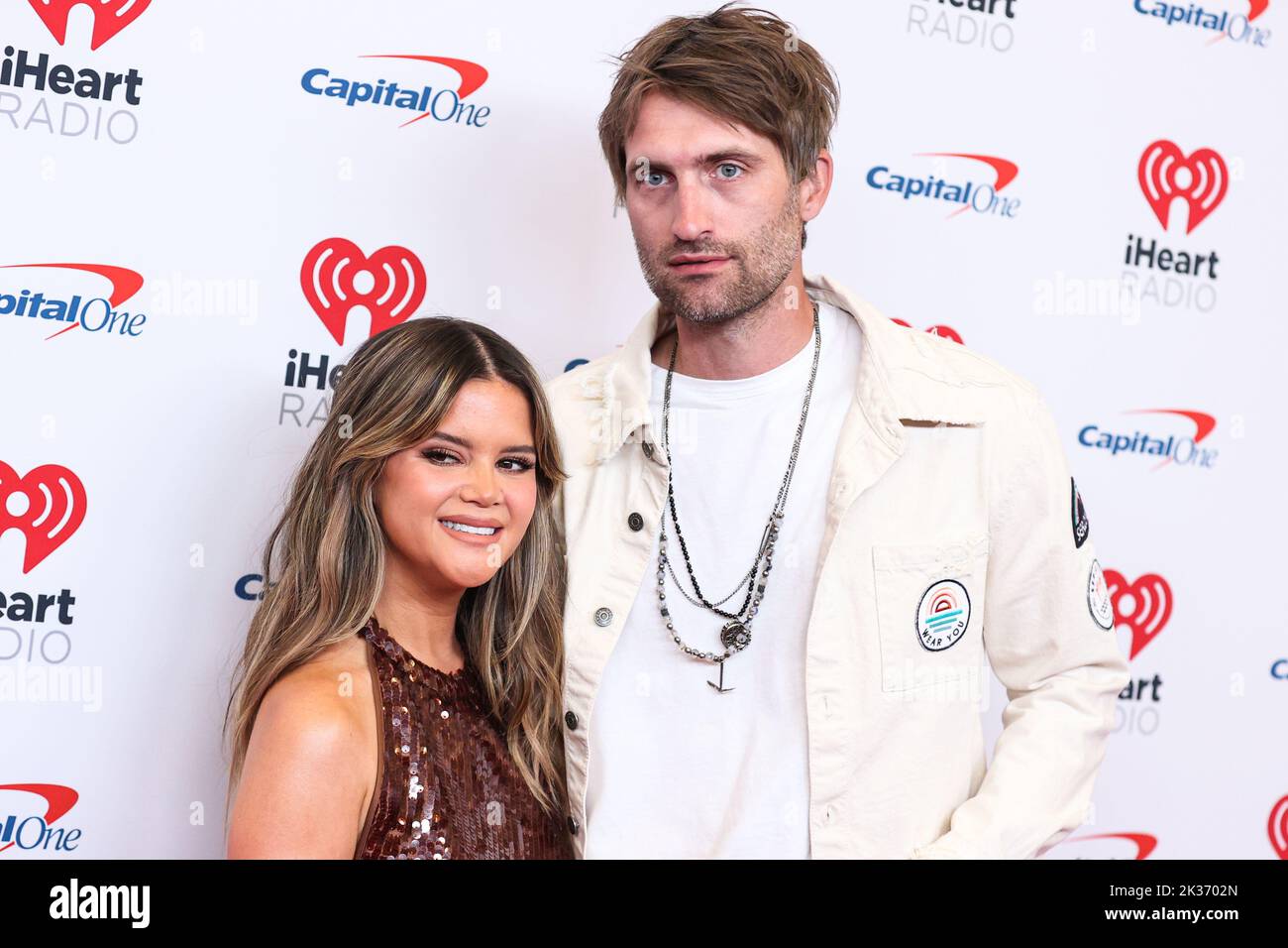 LAS VEGAS, NEVADA, USA - SEPTEMBER 24: Maren Morris and husband Ryan Hurd pose in the press room at the 2022 iHeartRadio Music Festival - Night 2 held at the T-Mobile Arena on September 24, 2022 in Las Vegas, Nevada, United States. (Photo by Xavier Collin/Image Press Agency) Stock Photo