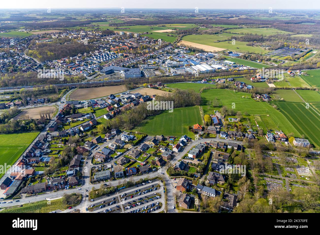 Aerial view, new building area Neue Gehr in Heessen, Hamm, Ruhr area, North Rhine-Westphalia, Germany, DE, Europe, birds-eyes view, Aerial photography Stock Photo