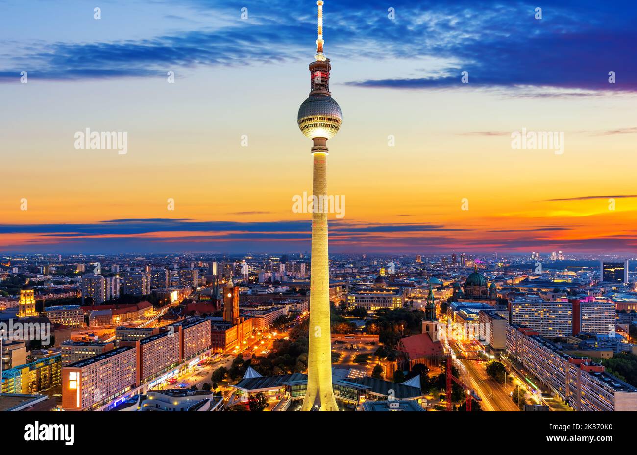 Aerial downtown panorama of Berlin at night with the skyscrappers and ...