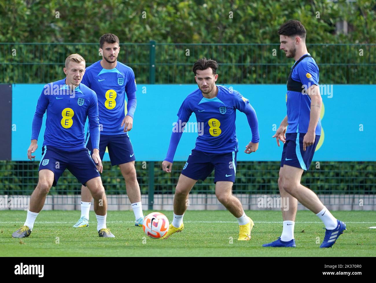 England's (left-right) James Ward-Prowse, Mason Mount, Ben Chillwell and Declan Rice during a training session at Tottenham Hotspur Training Ground, Enfield. Picture date: Sunday September 25, 2022. Stock Photo