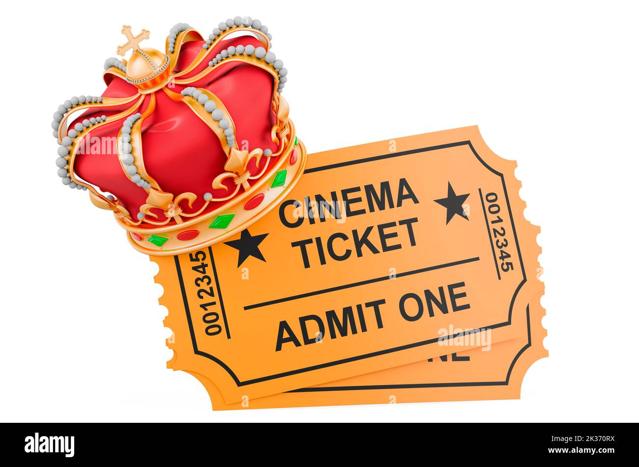 Cinema tickets with golden crown. 3D rendering isolated on white background Stock Photo