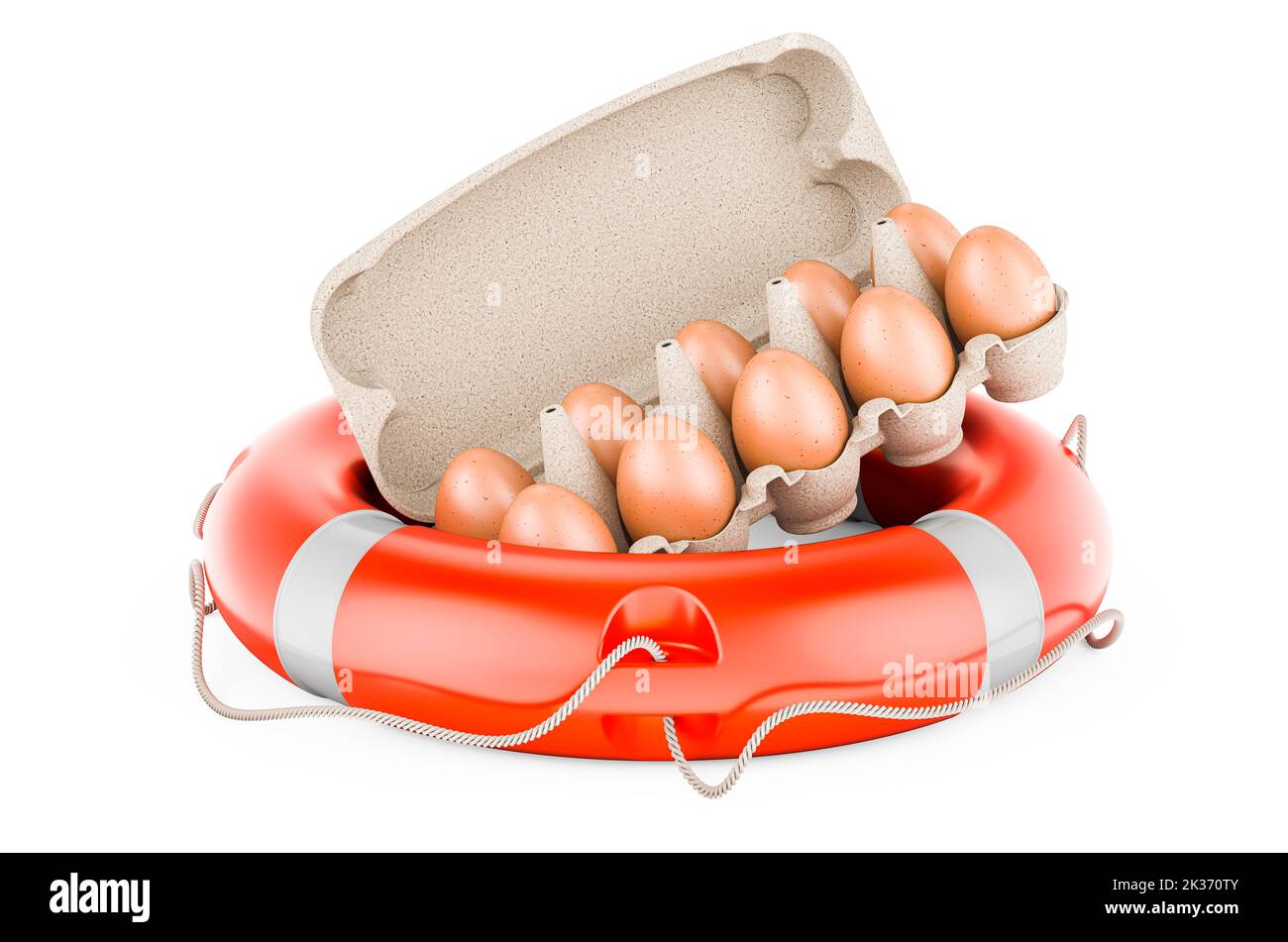 Eggs in an egg carton inside lifebuoy, 3D rendering isolated on white background Stock Photo