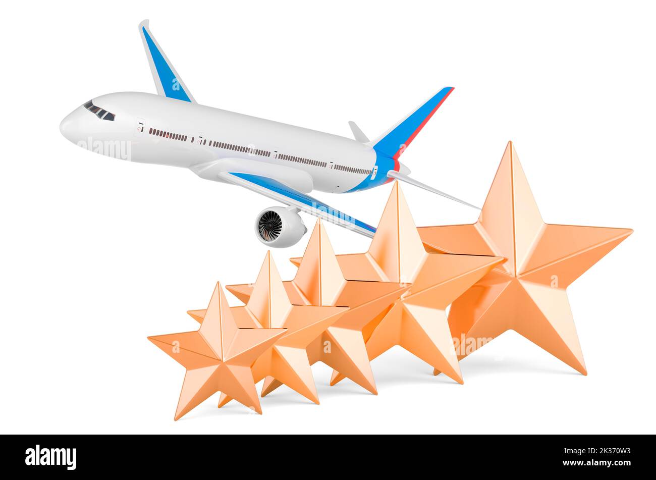 Plane with five golden stars. 3D rendering isolated on white background Stock Photo