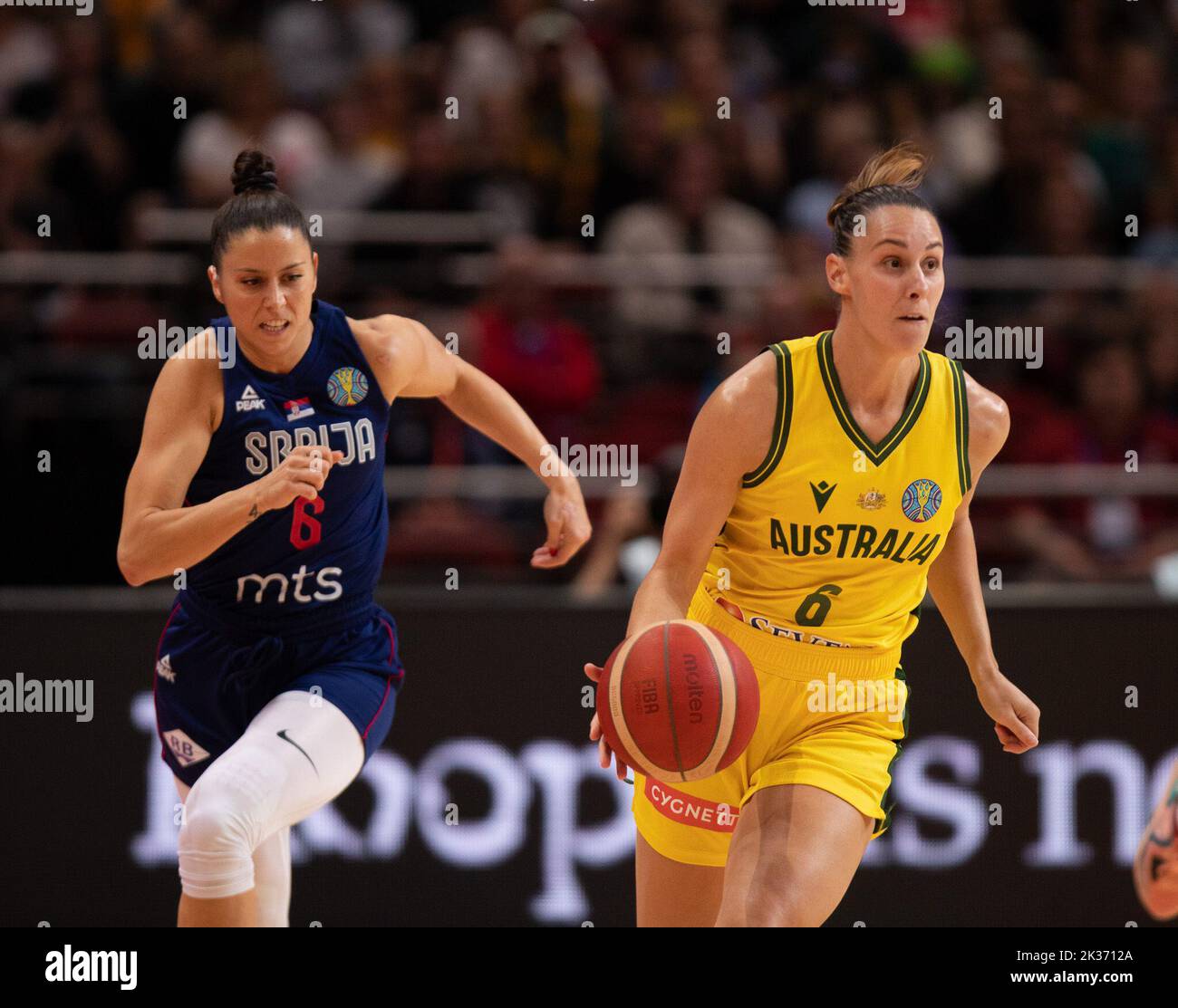 Sydney, Australia. 25th Sep, 2022. Steph Talbot (R) of Australia dribbles the ball during a Group B match against Serbia at the FIBA Women's Basketball World Cup 2022 in Sydney, Australia, Sept. 25, 2022. Credit: Hu Jingchen/Xinhua/Alamy Live News Stock Photo