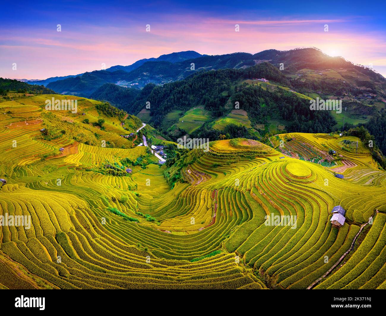 Aerial view of Rice terraces at Mam xoi viewpoint in Mu cang chai ...