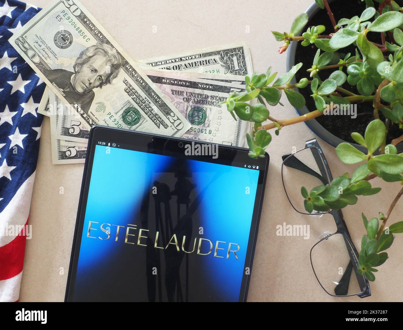 In this photo illustration the Estee Lauder Companies Inc. logo seen  displayed on a smartphone with Estee Lauder Companies Inc. logo in the  background Stock Photo - Alamy