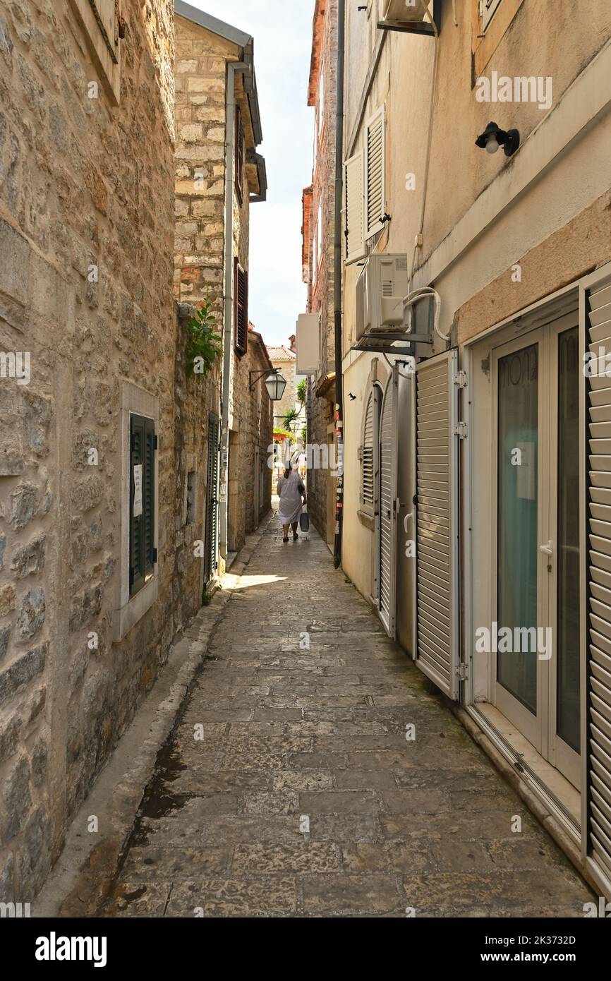 Budva, Montenegro - June 6, 2022: Narrow street in Budva Old Town Stock Photo
