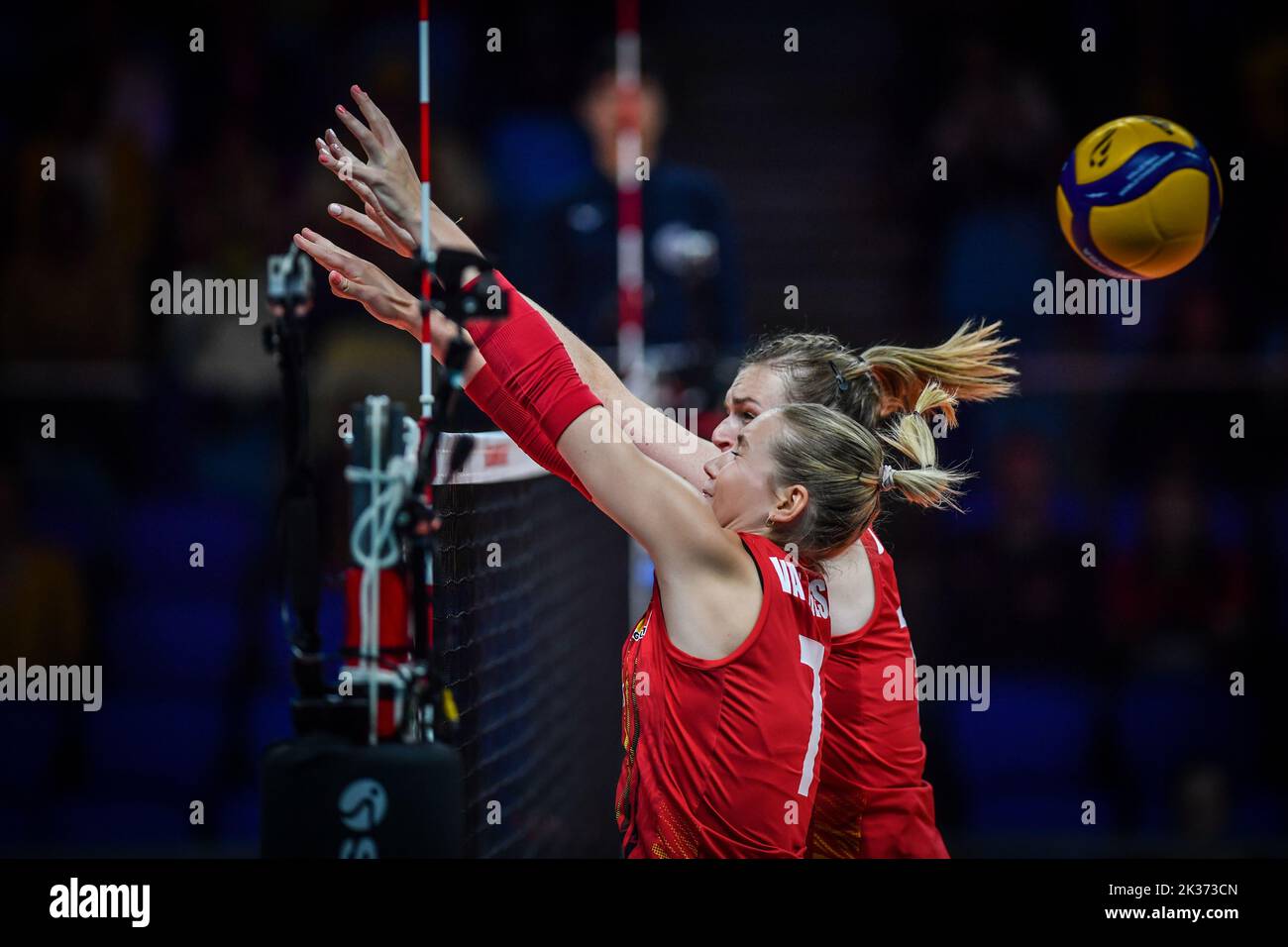 Belgium's Celine Van Gestel pictured in action during a volleyball game  between Belgian national women's team the Yellow Tigers and Kenya, Sunday  25 September 2022 in Arnhem during the pool stage (game