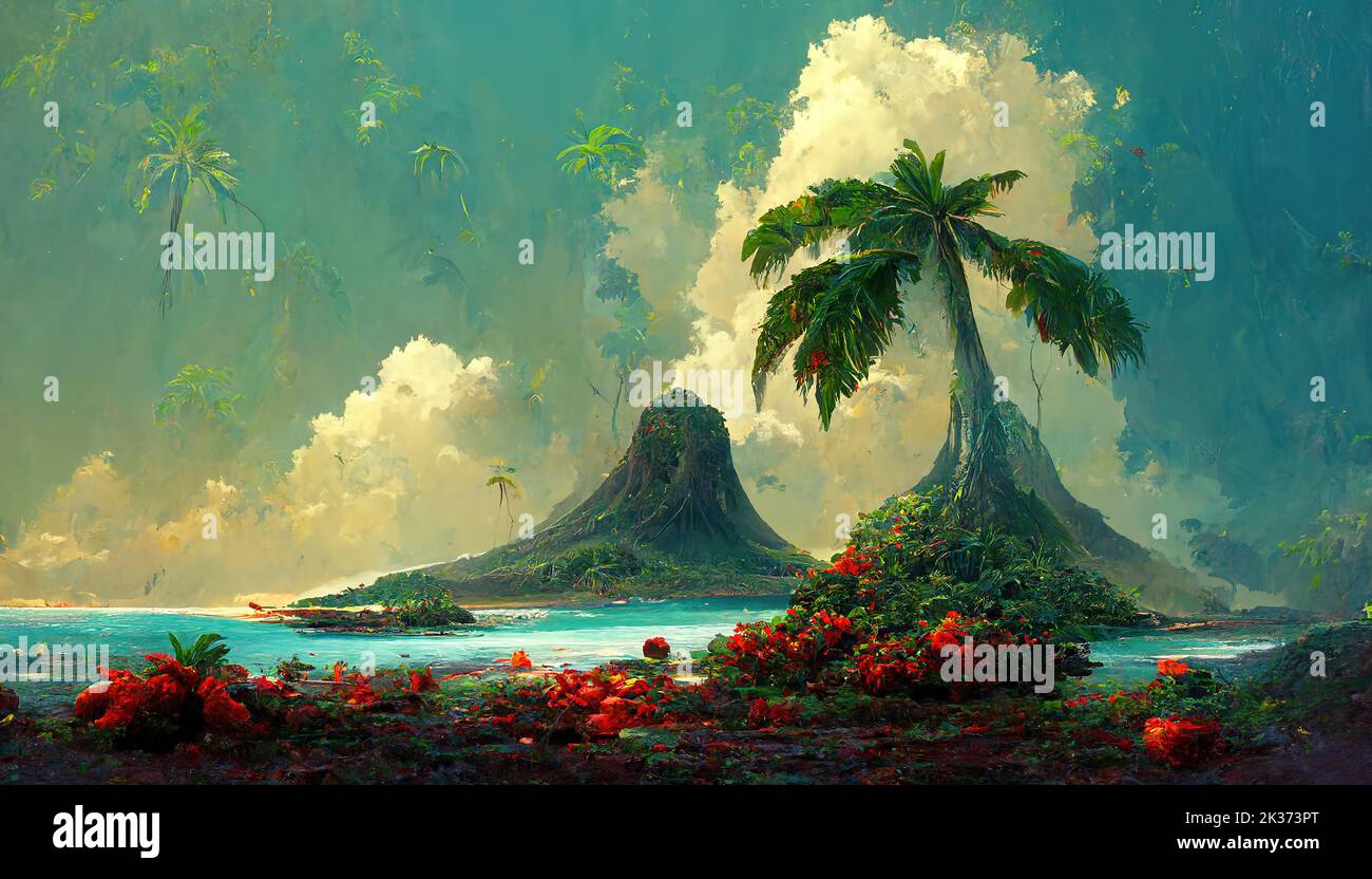 Tropical Bounty Paradise Island in the ocean with mountain Stock Photo