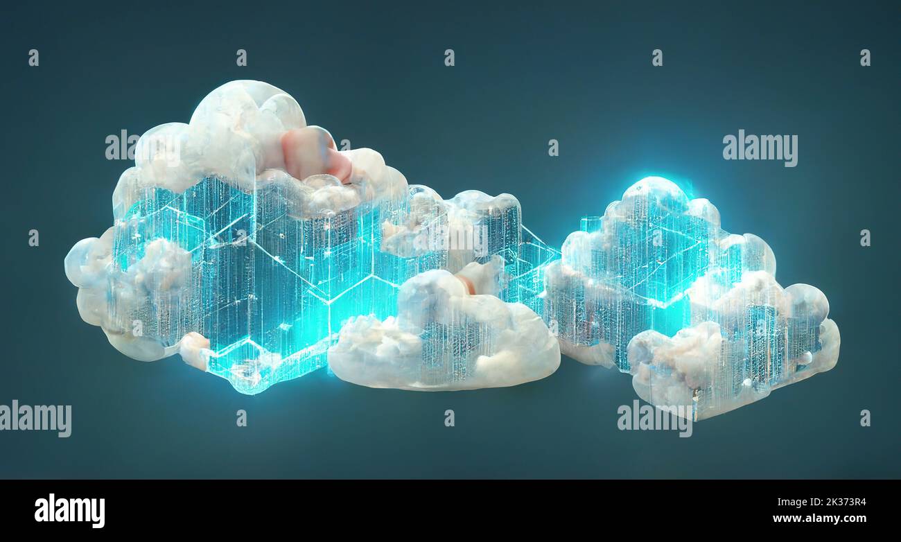 Digital Cloud computing big data online service concept. 3D Render. Stock Photo