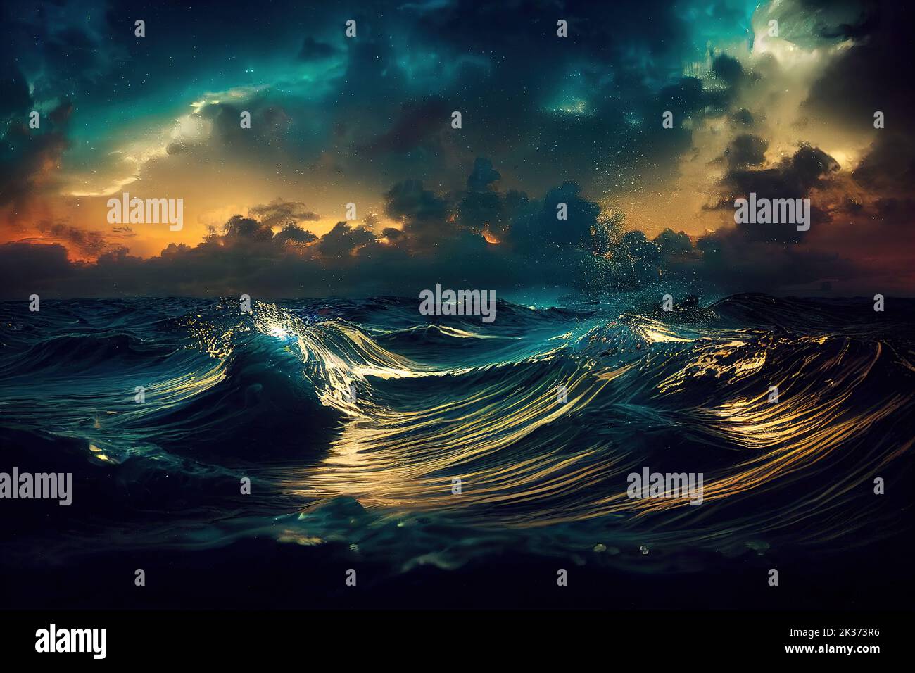 Ocean stormy fantasy night landscape sea starry dark waves stars. Style impressionism Stock Photo