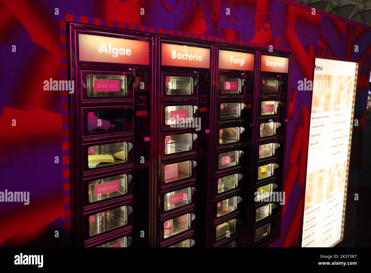 Conceptual vending machine wall with products& innovations based on algae, bacteria, fungi & enzymes, exhibited at the Retrofuture expo in the Evoluon Stock Photo