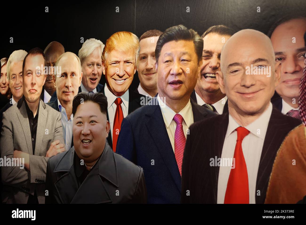 Composed poster with Putin, Xi, Besos, Trump, Johnson, Musk, Zuckerberg, Wilders, Orban, et al., exhibited at the Retrofuture Expo in Eindhoven, 2022 Stock Photo