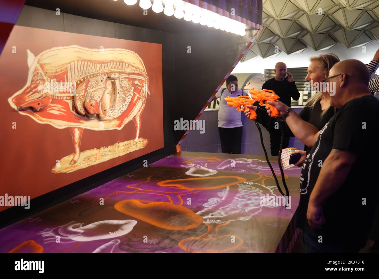 People shooting at image of pig anatomy, exhibited at the Retrofuture expo in the Evoluon Stock Photo
