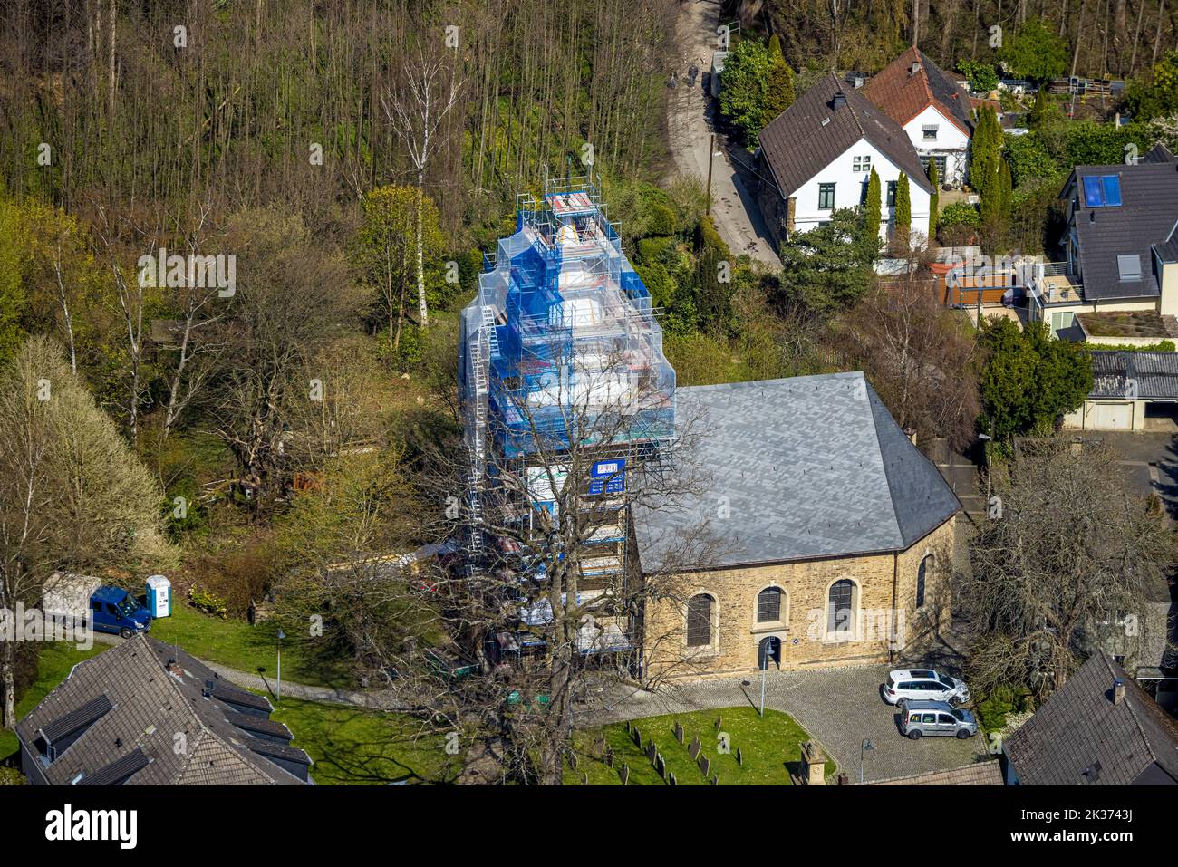 Aerial view, renovation of the steeple of the village church Kirchende, Westende, Herdecke, Ruhr area, North Rhine-Westphalia, Germany, Worship site, Stock Photo