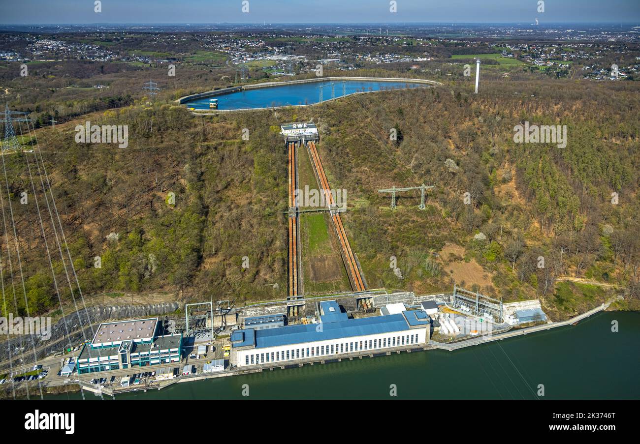 Aerial view, RWE pumped storage power plant Koepchenwerk and storage basin, Wittbräucke, Herdecke, Ruhr area, North Rhine-Westphalia, Germany, DE, Eur Stock Photo