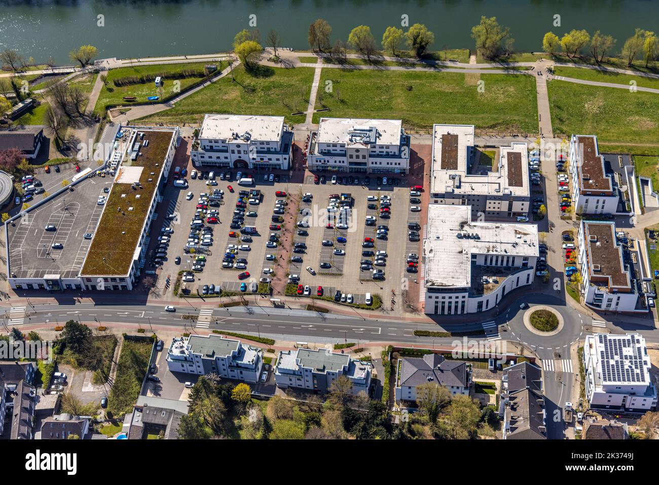 Aerial view, Ruhr-Aue quarter with Ruhr promenade, Herdecke, Ruhr area, North Rhine-Westphalia, Germany, Bridge, DE, Shopping center, Shopping Square, Stock Photo