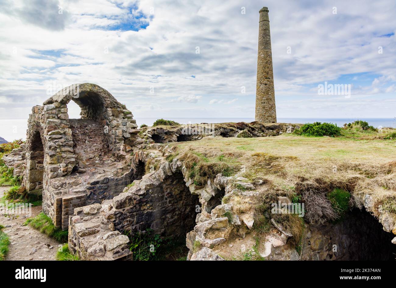 The Arsenic Labyrinth and Chimney Stack at Botallack Mines on the north coast of Cornwall, part of the Tin Coast Cornish Mining World Heritage Site Stock Photo