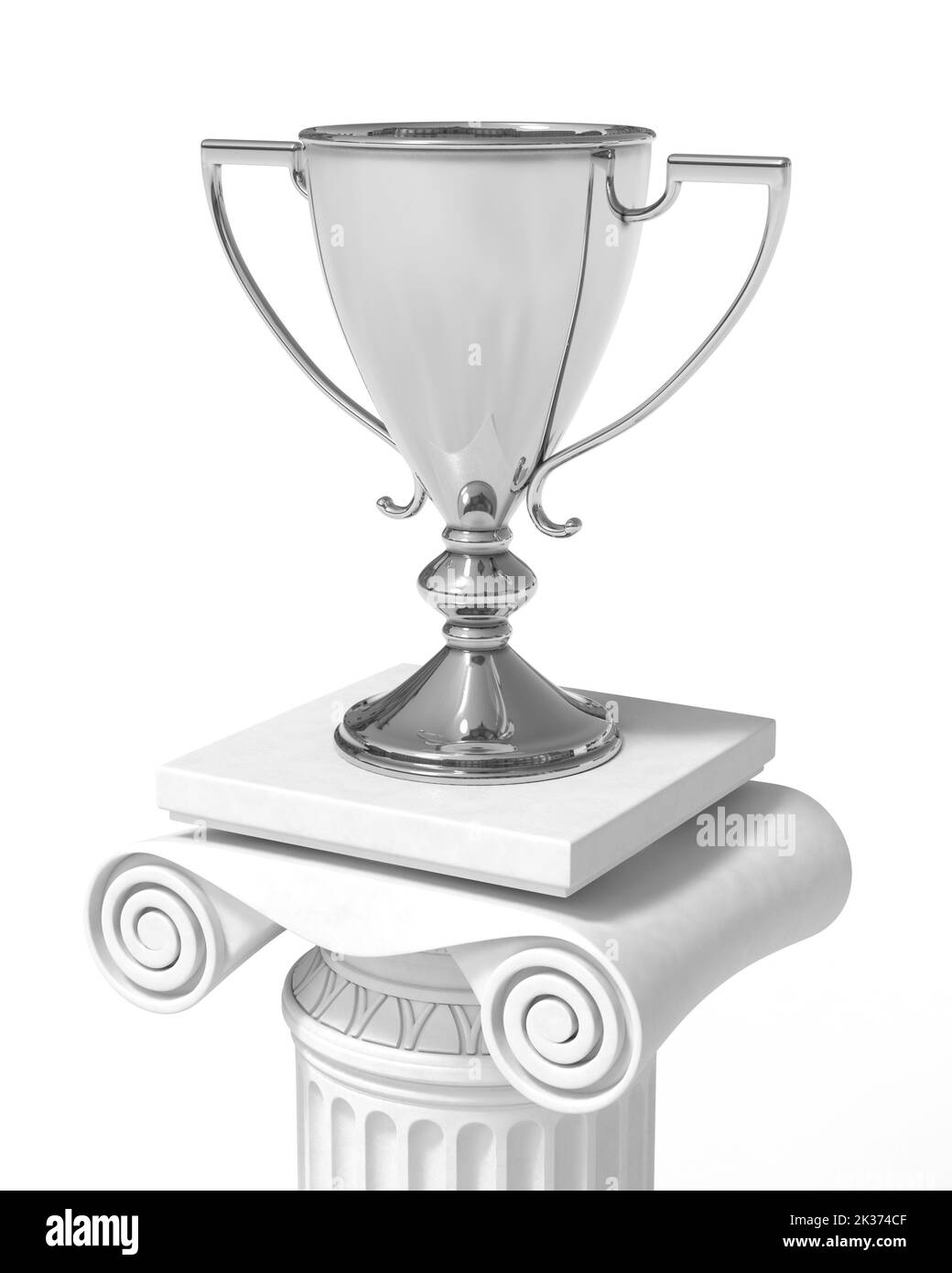 Silver trophy cup on an antique column in greek style 3D illustration Stock Photo
