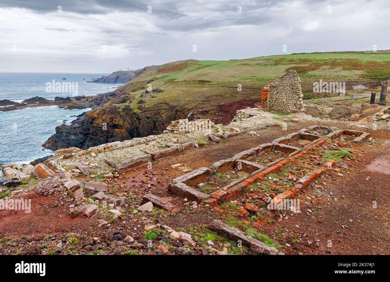 Clifftop ruins and foundations at Levant Mine by Geevor Mine on the north coast of Cornwall, part of the Tin Coast Cornish Mining World Heritage Site Stock Photo
